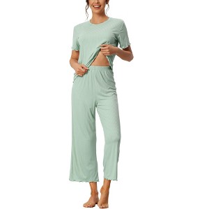 cheibear Women's Pajama Set Ruffle Round Neck Soft Knit Short Sleeve Shirt with Pants Capri Loungewear - 1 of 4
