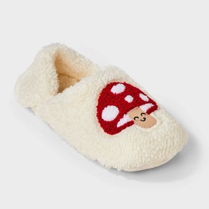 Women's Embroidered Mushroom Cozy Fleece Slipper Socks with Grippers - Ivory/Red - 1 of 4