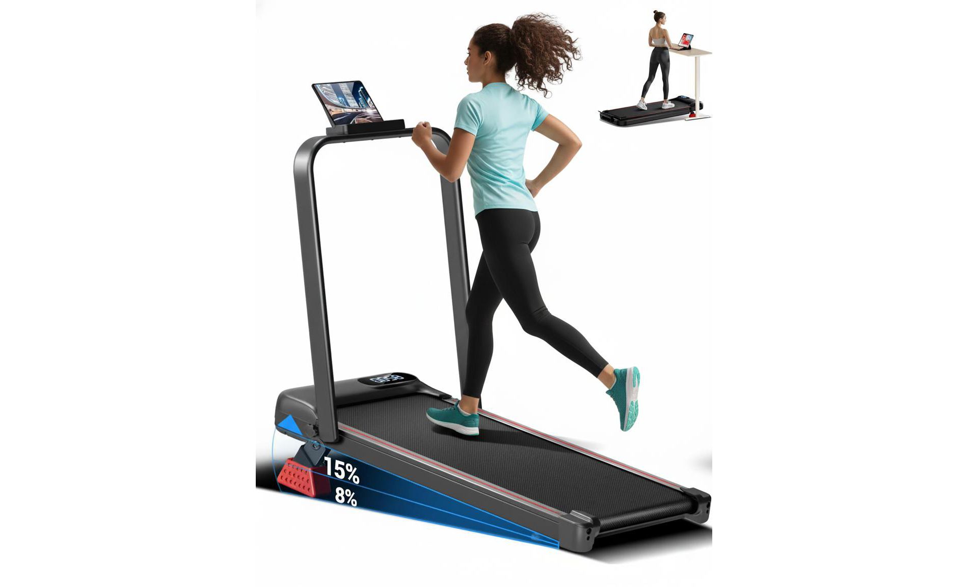 15% Incline Walking Pad Treadmill with Handle Bar - 2.5HP Quiet Folding Treadmill for Home Office Under Desk Portable Walking Pad with 300LBS Capacity