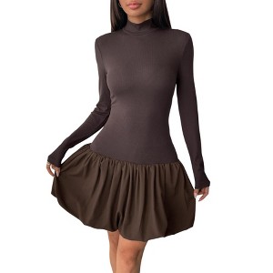 Clearlove Womens Bodycon Dresses Long Sleeve Dress Mock Neck Ruched Ruffle Layered Mini Party Puff Dresses - 1 of 4