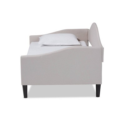 Elegant Twin Daybed with Tufted Beige Upholstery and Dark Brown Wood Frame