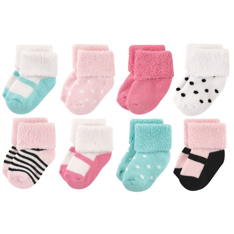 Luvable Friends Baby Girl Newborn and Baby Terry Socks, Mint Pink Mary Janes, 1 of 4