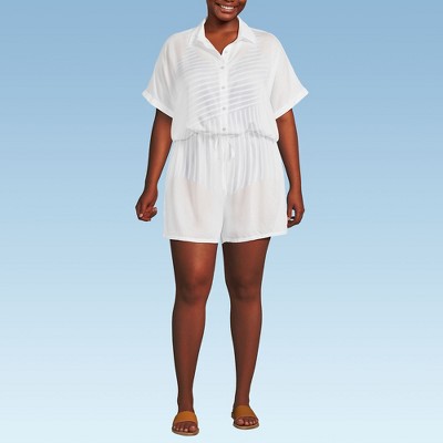 Lands' End Women's Sheer Modal Button Front Swim Cover-up Romper