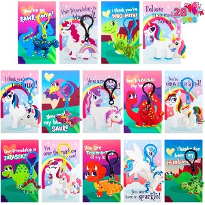 Joyfy  28 Pack Valentines Day Unicorn and Dinosaur Keychains with Cards for Kids Classroom Exchange Gifts, Party Favor - 1 of 4