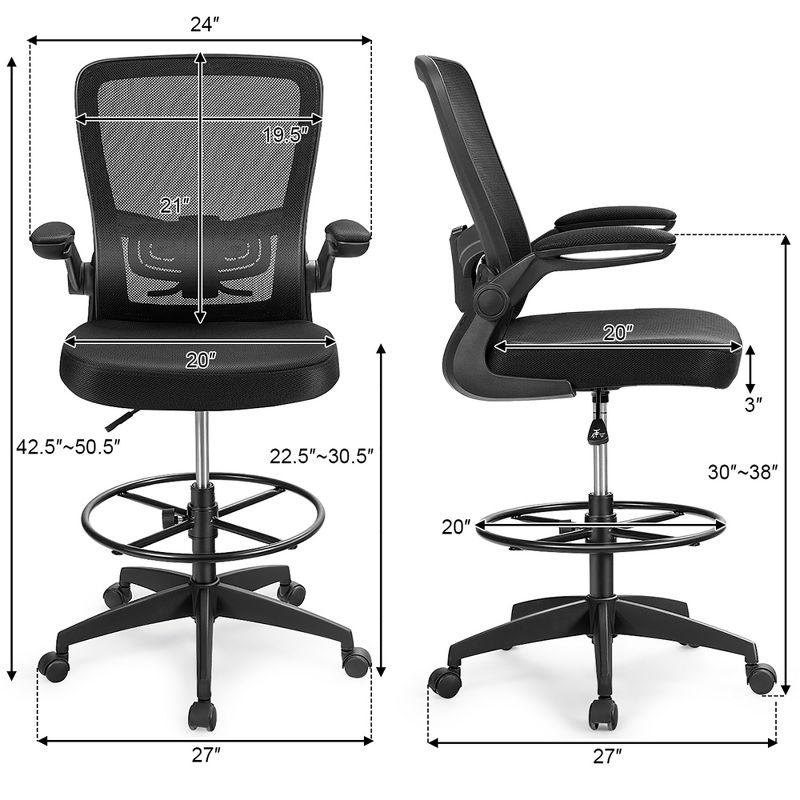 Costway Adjustable Swivel Drafting Chair with Flip-Up Armrests Adjustable Lumbar Support Black&White/Black, 3 of 11