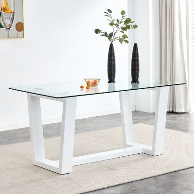 CENGHU Modern Minimalist Glass Rectangular Dining Table for 6-8, Tea Table, Coffee Table with MDF Trapezoid Bracket for Dining Room, Meeting Room