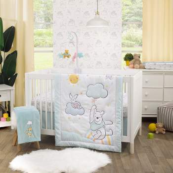 Disney Winnie the Pooh Hello Sunshine Multi-Colored Rainbow, Yellow Sun and Blue Clouds 3 Piece Nursery Crib Bedding Set
