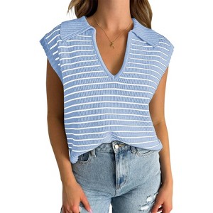 Womens Knit Top Summer V Neck Sleeveless Casual Striped Collar Neck Sweater Vest Tops - 1 of 3
