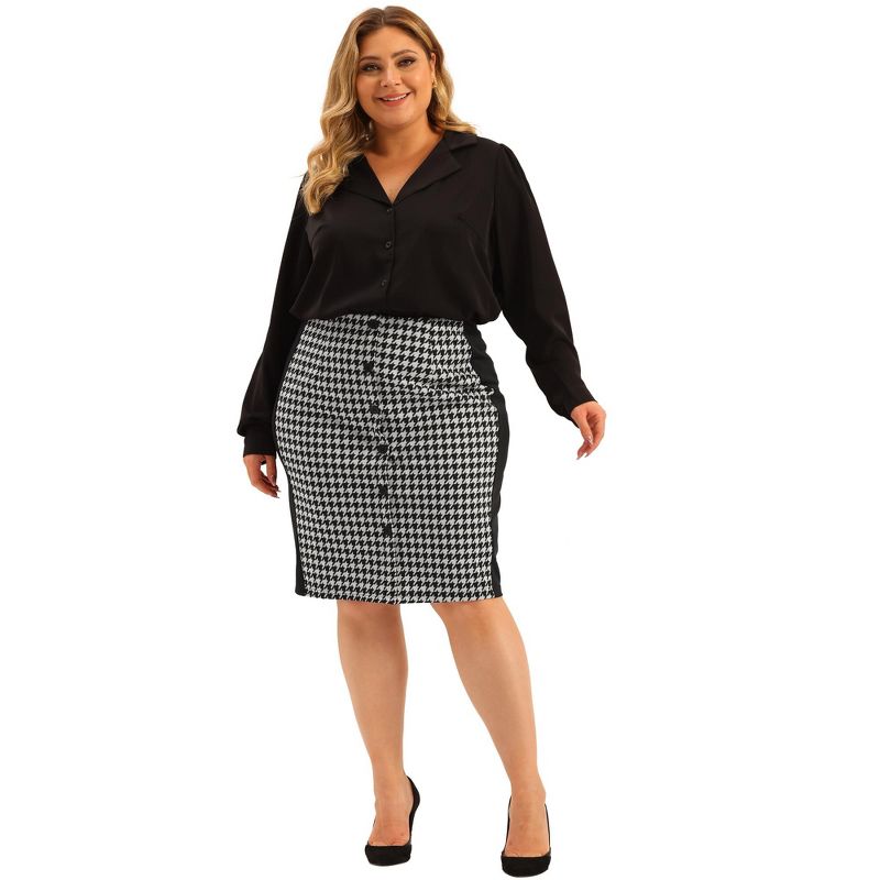 Agnes Orinda Women's Plus Size Work Houndstooth Pattern Slim Knee Pencil Skirt, 3 of 6