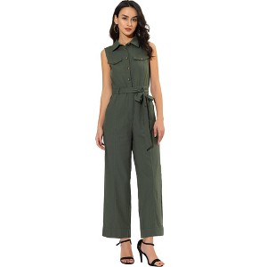 Allegra K Women's Button Down Collared Wide Leg Tie-Waist Sleeveless Cargo Jumpsuits - 1 of 4