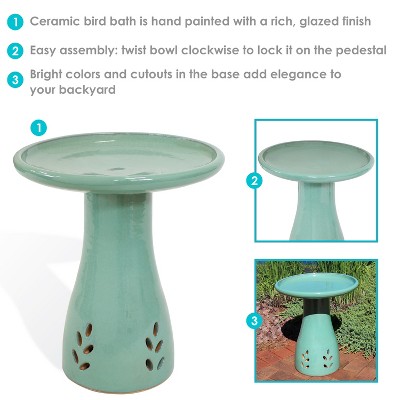Seafoam Glazed Ceramic Hand-Painted Outdoor Bird Bath Stand