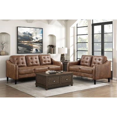 Okak Modern Casual Sofa Set 2pc with Thick Button Tufted Cushion , Solid Wood Legs Polished Microfiber Couch 5 Seat for Apartments, living Room, Brown