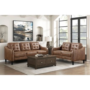 Okak Modern Casual Sofa Set 2pc with Thick Button Tufted Cushion , Solid Wood Legs Polished Microfiber Couch 5 Seat for Apartments, living Room, Brown - 1 of 4