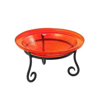 7" Reflective Crackle Glass Birdbath Bowl with Short Stand Red - Achla Designs: Handblown, Weather-Resistant, Freestanding, Tomato Red Centerpiece