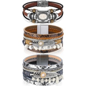3-Pack Bohemian Faux Leather Multi-Layered Wrap Bracelets with Circle Design, Western Jewelry for Women & Men - 1 of 4