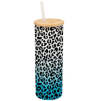 Elanze Designs Cheetah Animal Print Wrap-Around Design 25 Ounce Frosted Gradient Glass On-The-Go Coffee Travel Skinny Tumbler Mug Cup, Bamboo Lid and