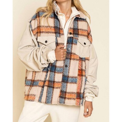 Women's Collared Button Down Plaid Shacket - POL