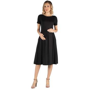 24seven Comfort Apparel Maternity Midi Dress with Short Sleeve and Pocket Detail
