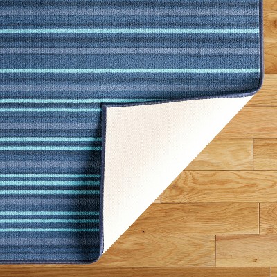 Layne Navy Blue and Light Blue Stripe Washable Synthetic Area Rug