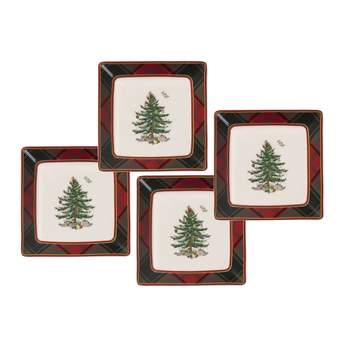 Spode Christmas Tree Tartan 5 Inch Square Tidbit Plate, Set of 4