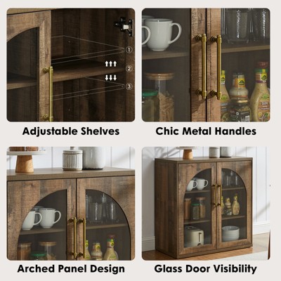 Sincido Arched Sideboard with Glass Door, 94" Accent Buffet Cabinet with Storage & Adjustable Shelves, Modern Console Table for Kitchen, Rustic Brown — фото 5