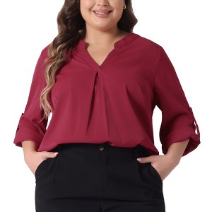 Agnes Orinda Women's Plus Size Chiffon Pleated Back V Neck Long Sleeve Rolled Up Dressy Casual Blouses - 1 of 4