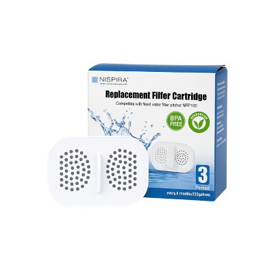 Nispira Water Pitcher Dispenser Filter Replacement Compatible with Nakii NFP-100 Removes Chlorine Lead Odor Color, Reduce Water Hardness. 3 Packs