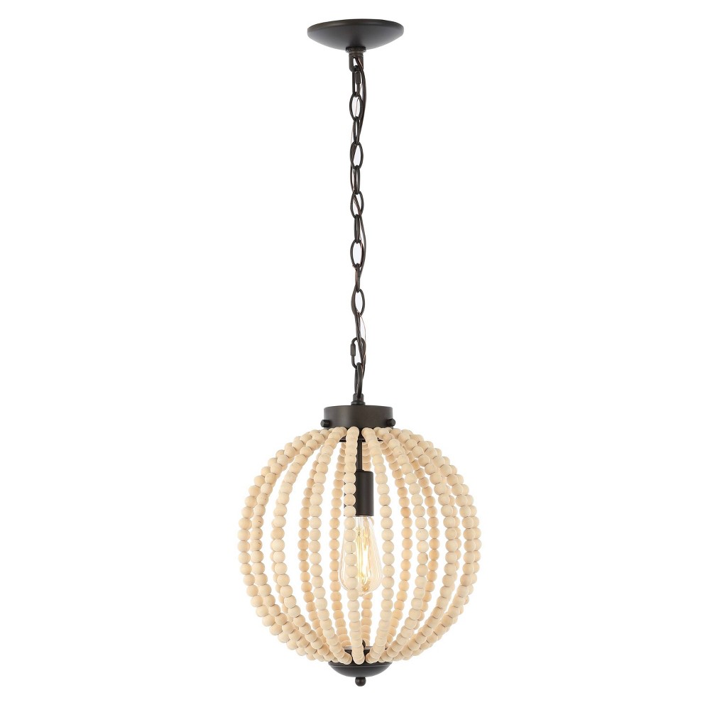 12.5" 1-Light Abril Rustic Bohemian Iron/Wood Bead LED Pendant Oil Rubbed Bronze/Brown - JONATHAN Y: Eco-Friendly Dimmable Orb Fixture