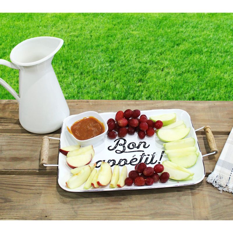 AuldHome Design White Enamelware Bon Appetit Tray; Distressed Farmhouse Style Metal Decorative Serving Platter, 4 of 9