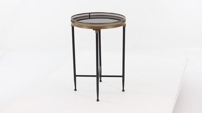 Black Round Metal and Stone Accent Table with Graduated Legs