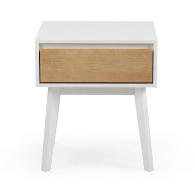 White and Blonde Pine Wood Scandinavian Nightstand with 1 Drawer