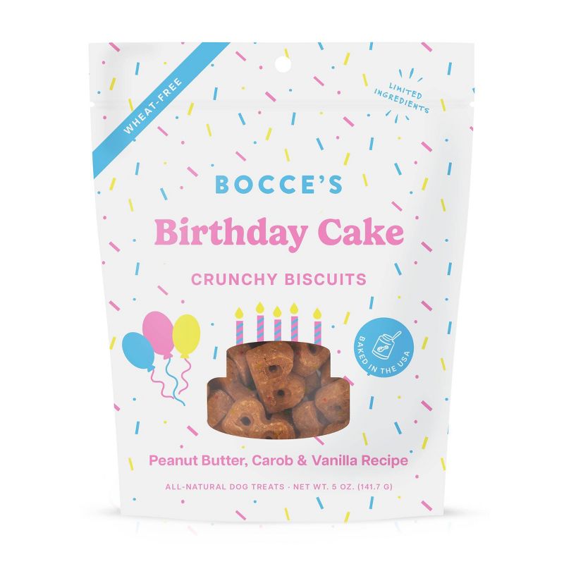 Bocce&#39;s Bakery Birthday Cake with Peanut Butter, Carob and Vanilla Flavors Dog Treats - 5oz, 1 of 11