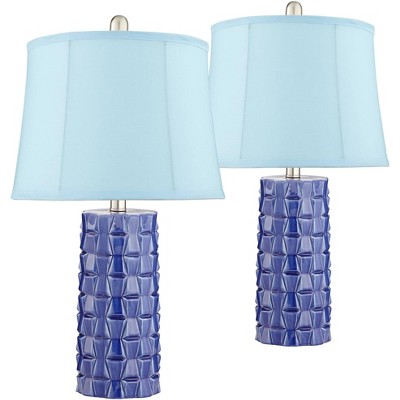 360 Lighting Mid Century Country Contemporary Table Lamps Set of 2 Blue Ceramic Softback Drum Shade for Living Room Bedroom House