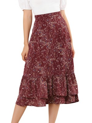 INSPIRE CHIC Women's Chiffon Elastic Waist Ruffle Tiered Flowy Midi Floral Printed Skirts