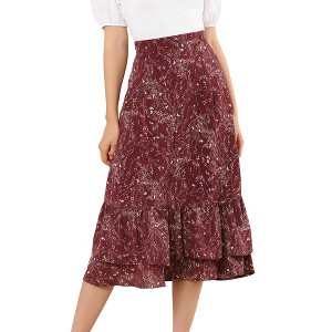 INSPIRE CHIC Women's Chiffon Elastic Waist Ruffle Tiered Flowy Midi Floral Printed Skirts - 1 of 4