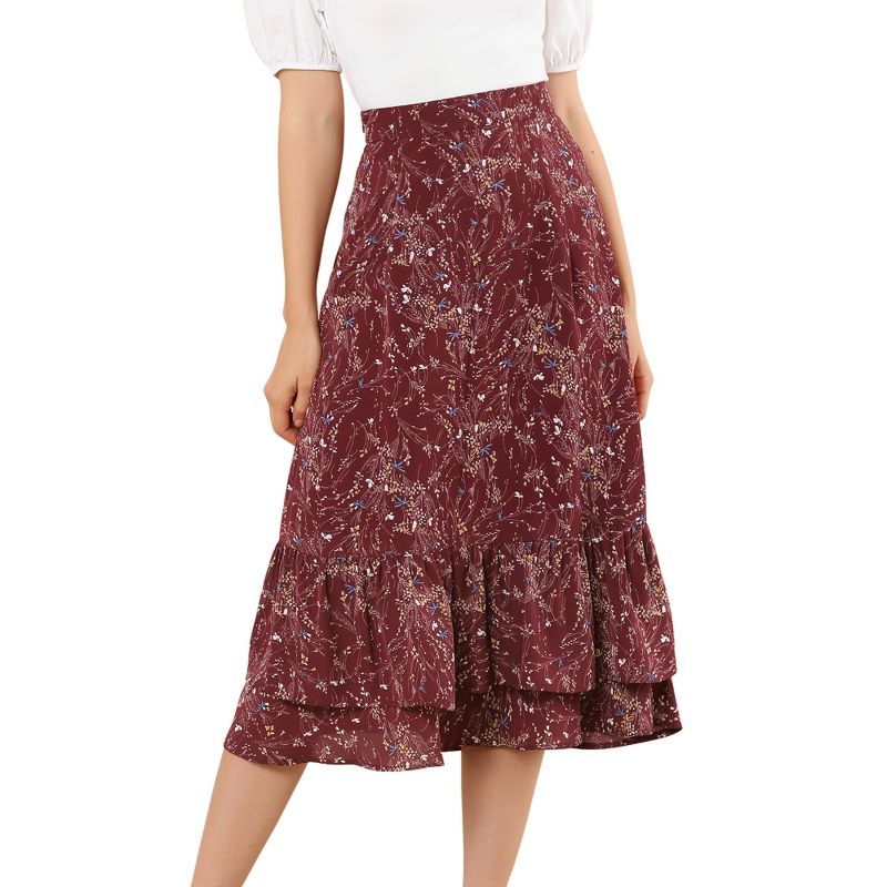 Allegra K Women's Chiffon Elastic Waist Ruffle Tiered Flowy Midi Printed Skirts, 1 of 9