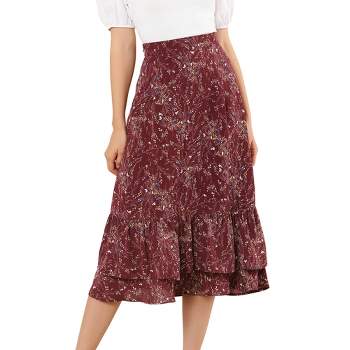 Allegra K Women's Chiffon Elastic Waist Ruffle Tiered Flowy Midi Printed Skirts