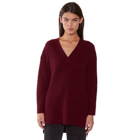 JENNIE LIU Women's 100% Pure Cashmere Long Sleeve Ribbed Tunic Sweater  (1914, Burgundy, Large )