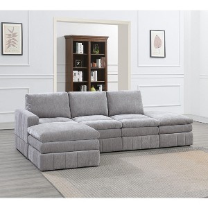 Okak Modern Convertible Sectional Sofa Couch with 1 Armchair/Wedge, 2 Armless Chairs, 2 Ottomans 5pc Fabric Plush Modular Sofa for Living Room, Gray - 1 of 4