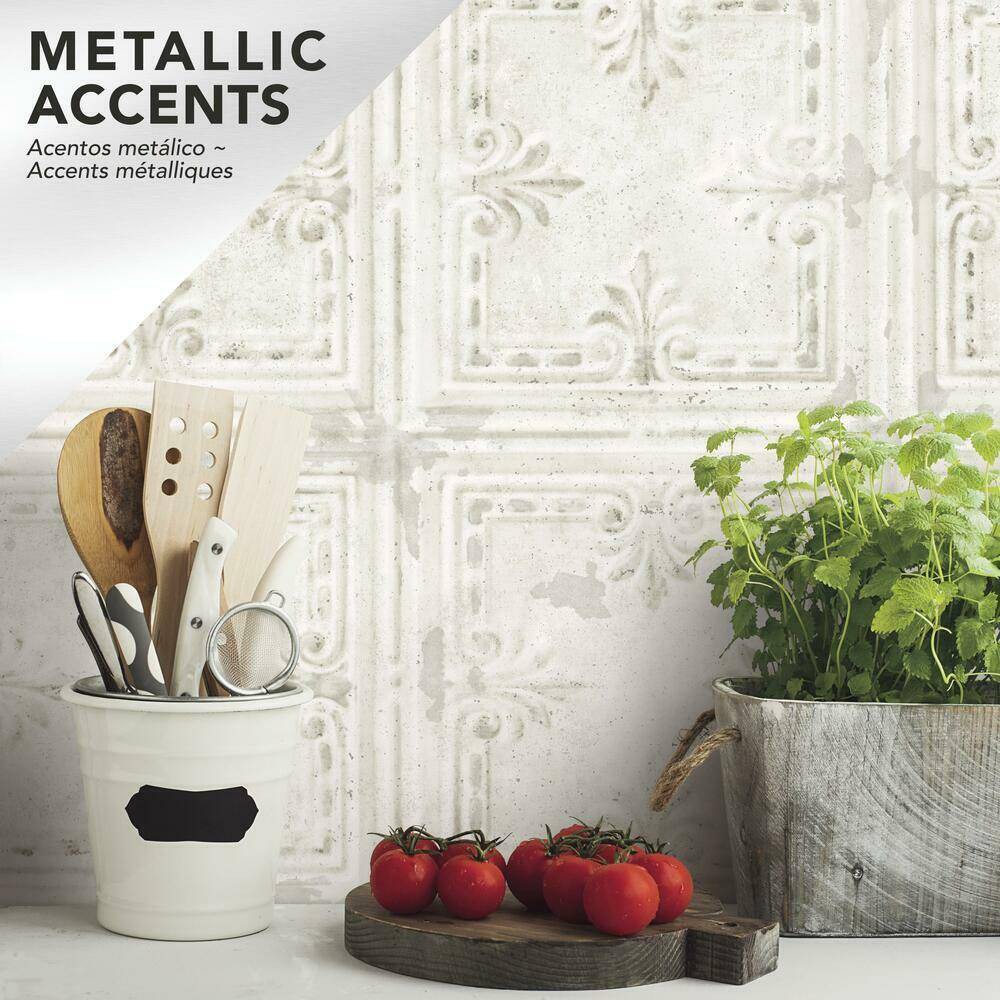 Photos - Wallpaper Roommates 28.2" Tin Tile P&S  White 