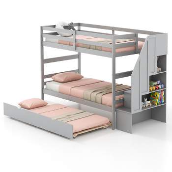 Tangkula Twin over Twin Wooden Bunk Bed w/ Trundle Storage Stairs Convertible