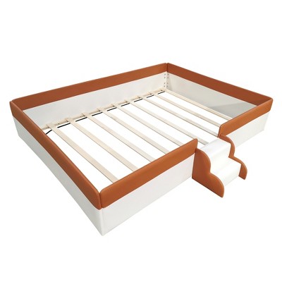 Bellemave PU Upholstered Floor Bed with Fence and Stairs, Queen Montessori Bed with Slats(Brown+White)