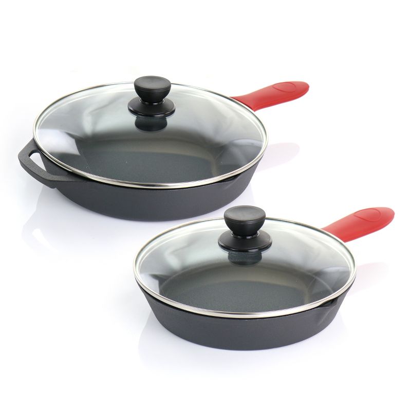 MegaChef Pre-Seasoned 6 Piece Cast Iron Skillet Set with Lids and Red Silicone Holders, 5 of 10