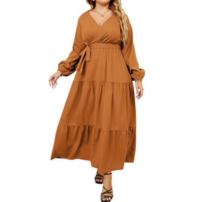 Missky Women Plus Size Maxi Long Sleeve V-neck Wrap Casual Tie Waist ...