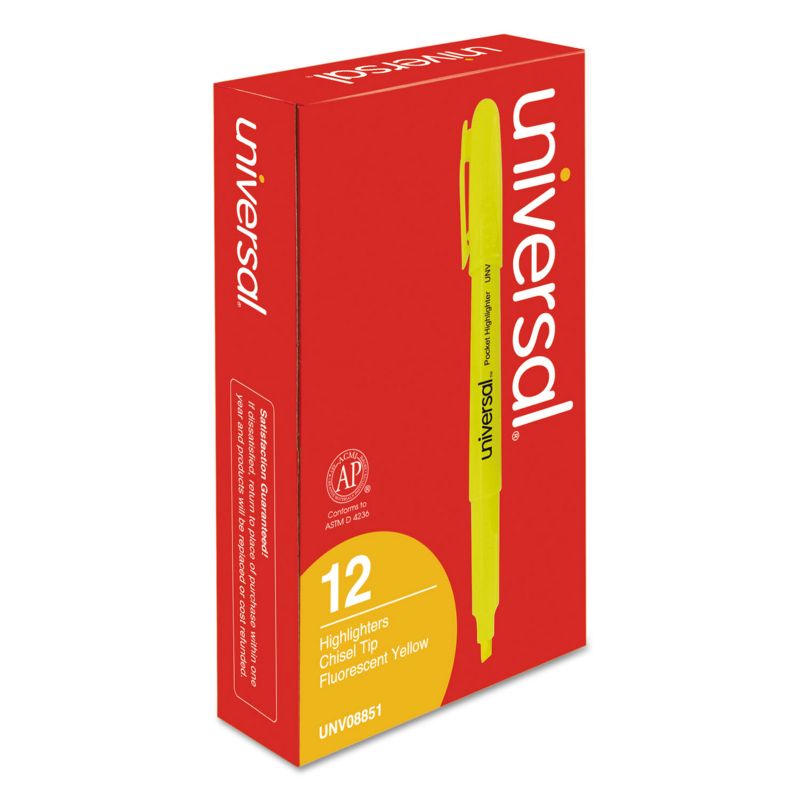 UNIVERSAL Pocket Clip Highlighter Chisel Tip Fluorescent Yellow Ink Dozen 08851, 3 of 9