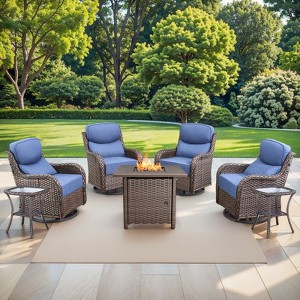 Gymojoy 7 Pieces Outdoor Patio Wicker Swivel Chair with 6 Inch Cushions and Fire Pit Table - 1 of 4