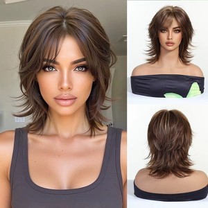 Jessie's Wig Brown Short Mullet Head Wig 12 Inch Natural Layered Synthetic Wig with Bangs Daily Party Fake Hair for Women Wigs Heat Resistant - 1 of 4