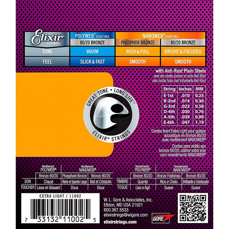 Elixir 80/20 Bronze Acoustic Guitar Strings With NANOWEB Coating, Extra Light (.010-.047), 2 of 4