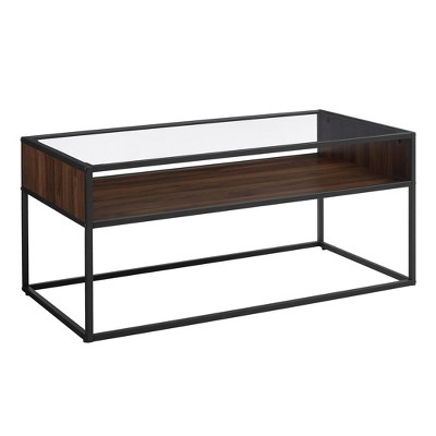 40" Metal and Glass Coffee Table with Open Shelf Dark Walnut - Saracina Home