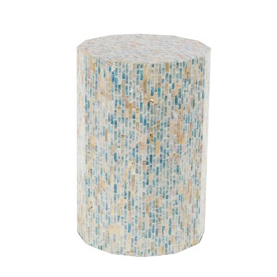Elegant Blue Mother of Pearl 13" Round Wood Accent Table
